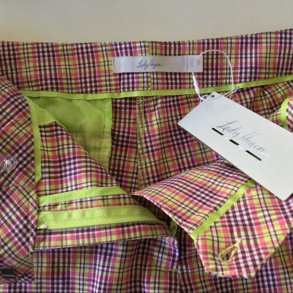 LADY HAGEN PURPLE NEON YELLOW PLAID GOLF SHORTS SIZE 8 NWT - Picture 4 of 8
